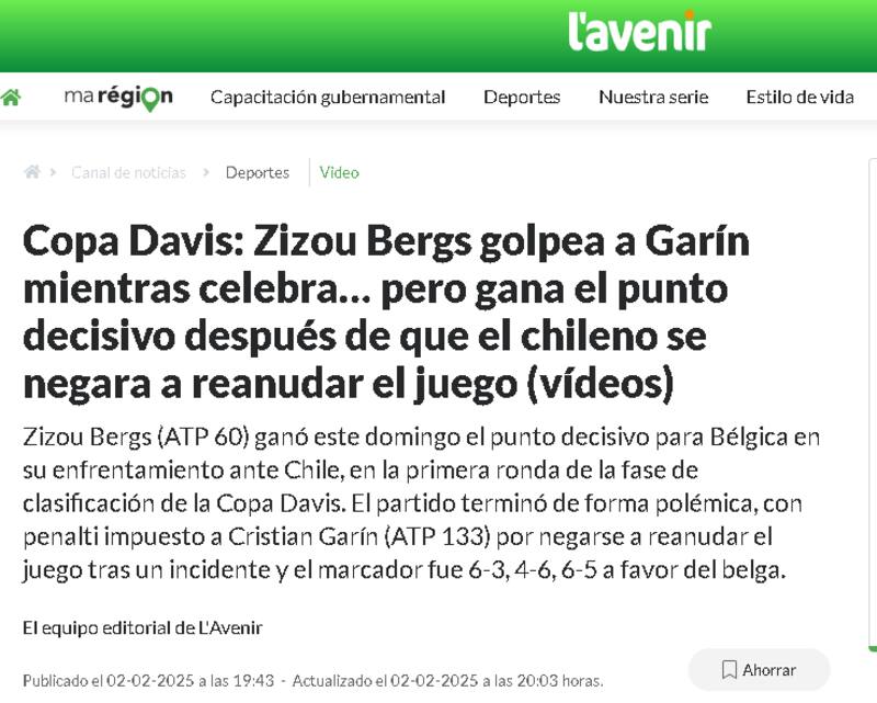 sobre el hecho entre Cristian Garin y Zizou Bergs por Copa Davis.