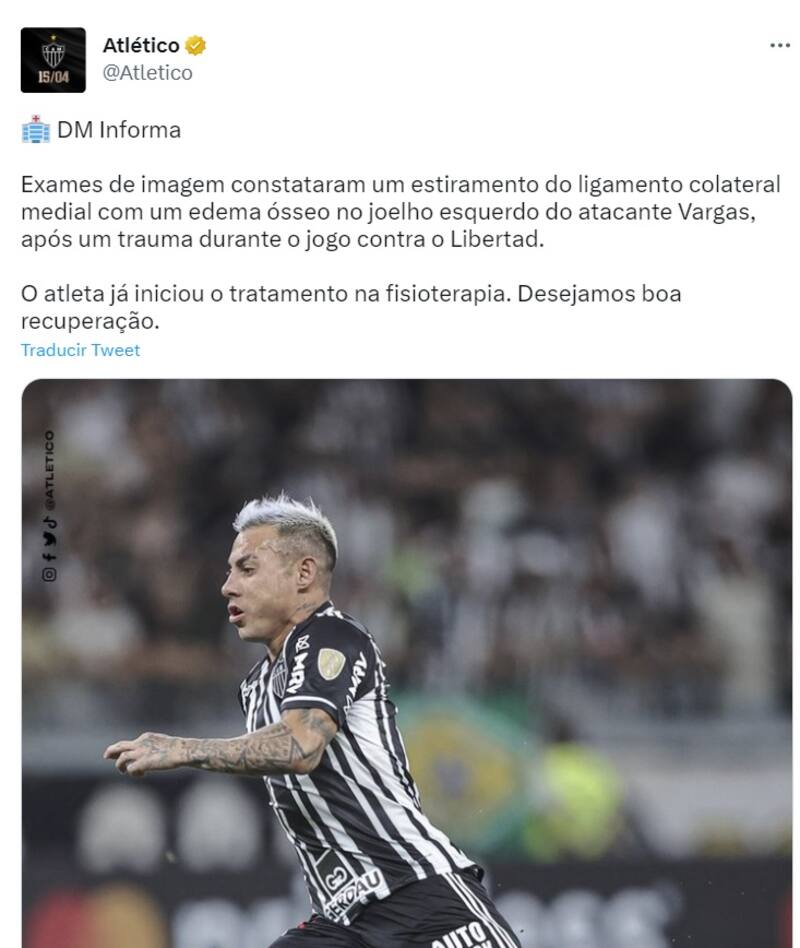 Atlético Mineiro informó la lesión de Eduardo Vargas (Foto: Atletico)