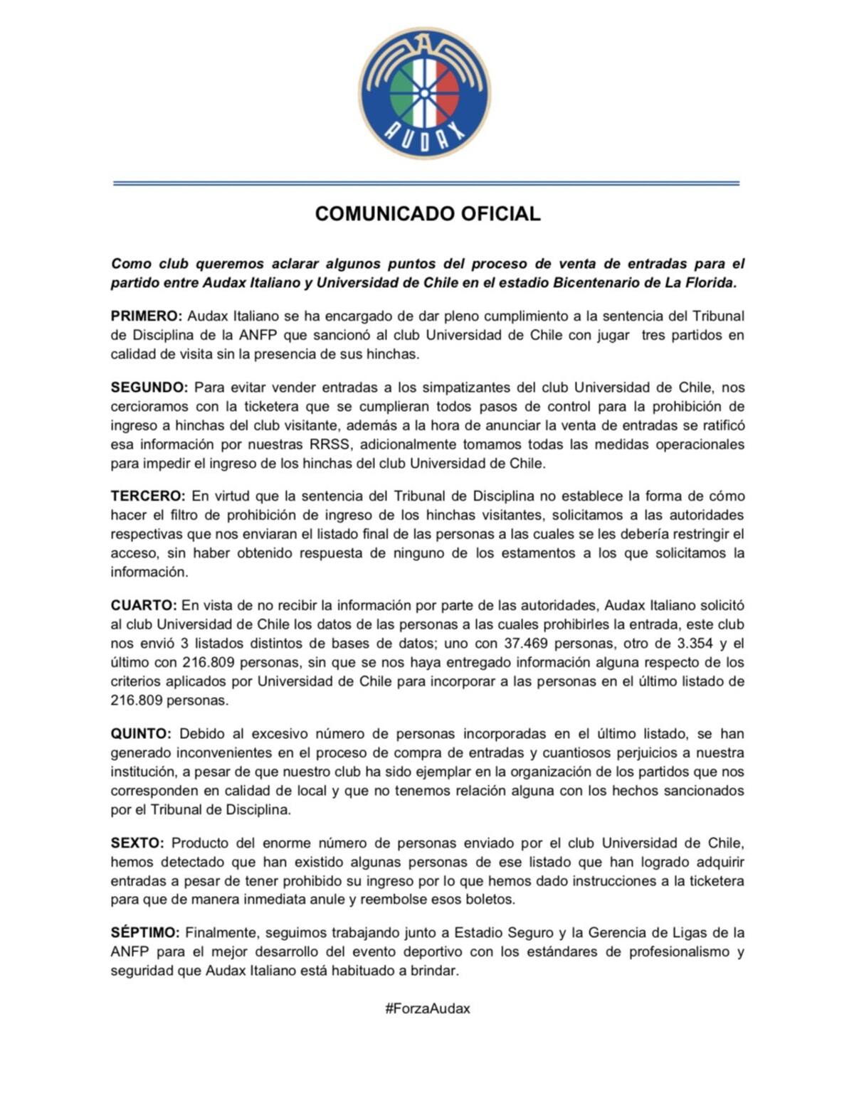 El comunicado de prensa del cuadro itálico