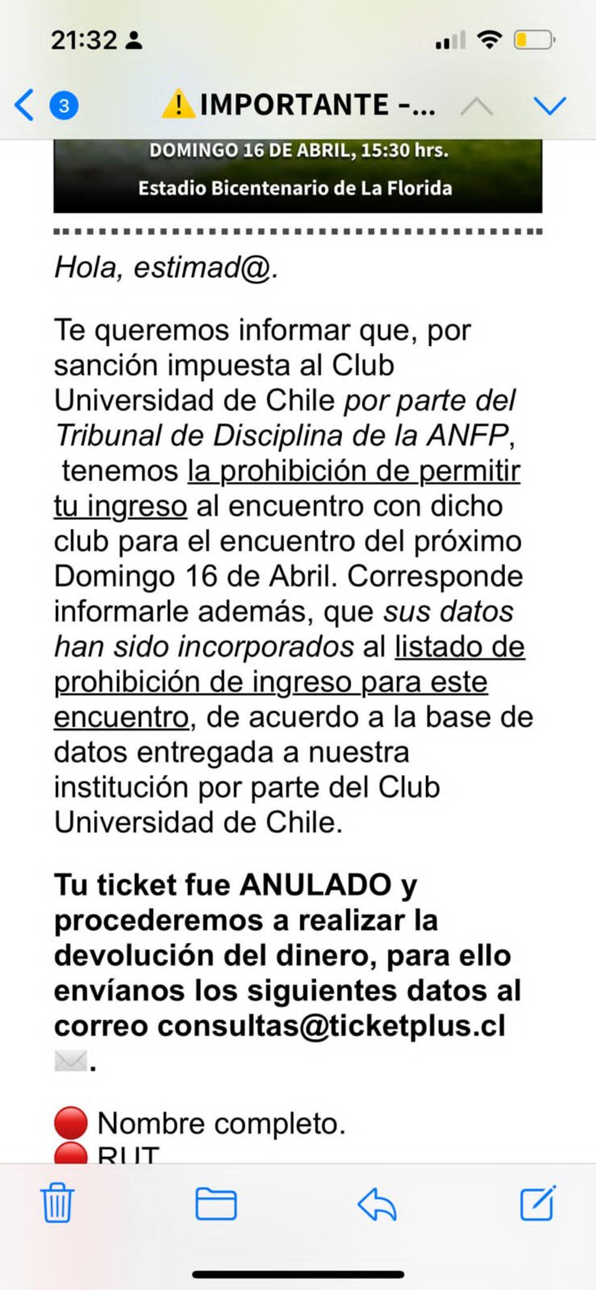 El mensaje que comenzó a llegar este viernes a los hinchas de la U que ya habían comprado sus entradas.
