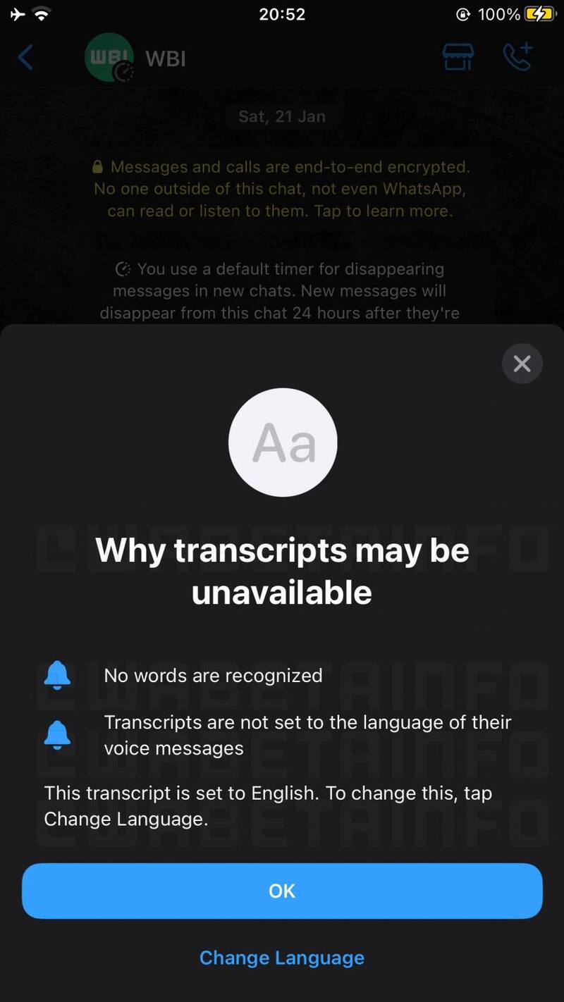 Este mensaje se verá cuando WhatsApp no pueda transcribir el audio. Créditos: WABetaInfo