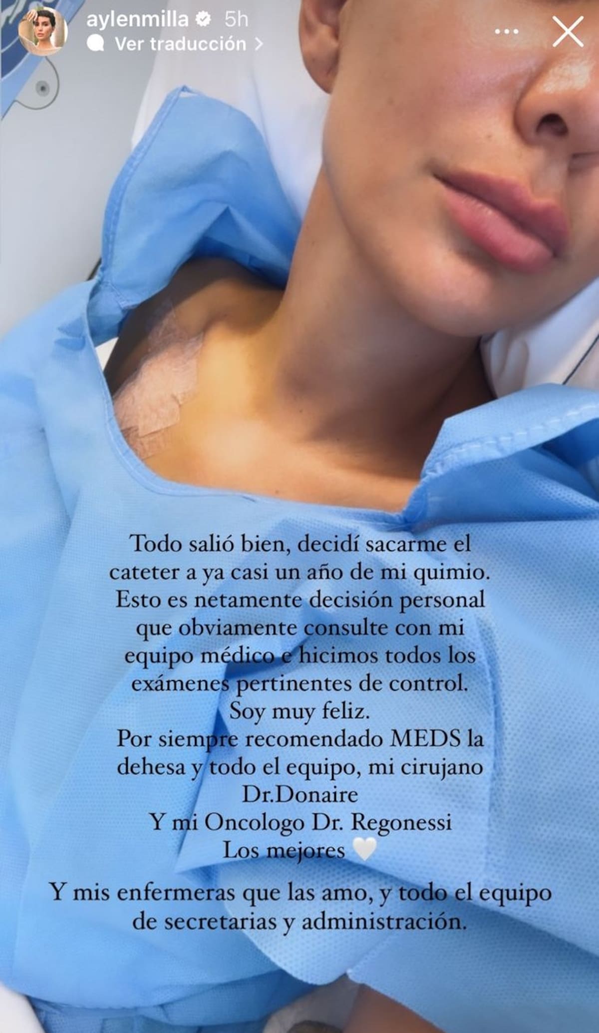 Aylén Milla se sacó su cateter.