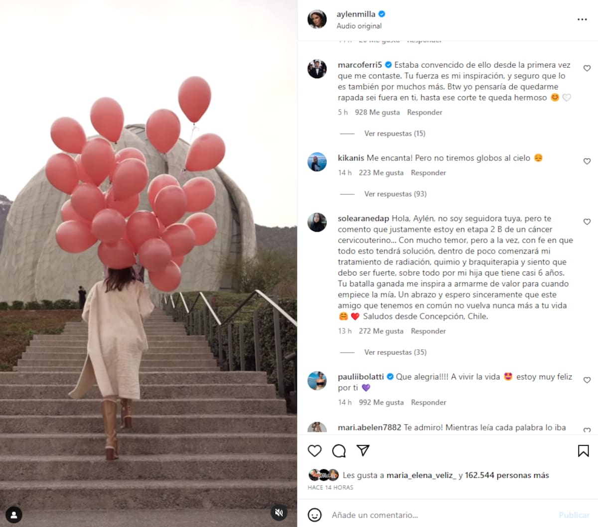 Aylén Milla compartió por redes sociales que venció al cáncer de mama y en la sección de comentarios Marco Ferri, su antiguo amor, le mandó un romántico mensaje.
