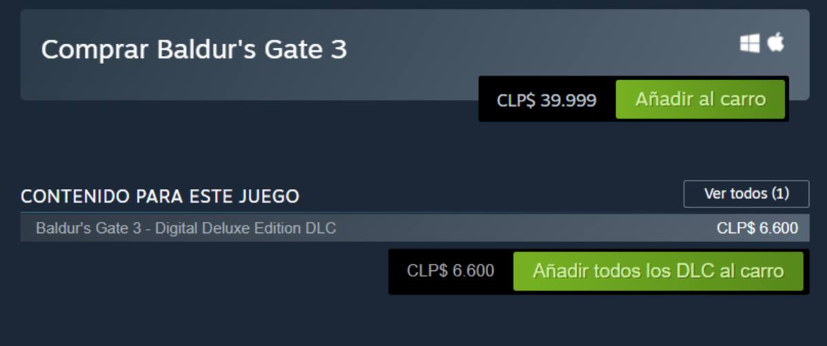 Precio de "Baldur's Gate 3" en Steam.