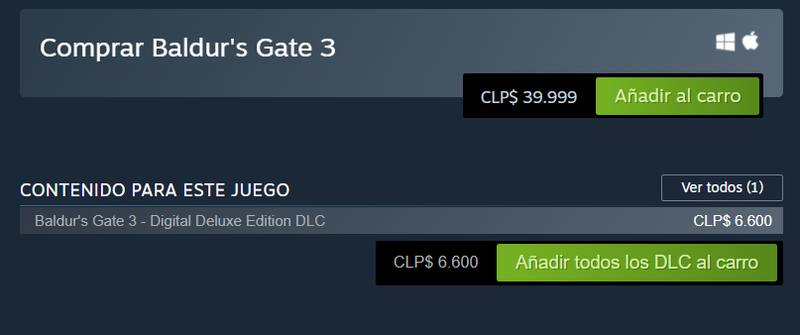 Precio de "Baldur's Gate 3" en Steam.