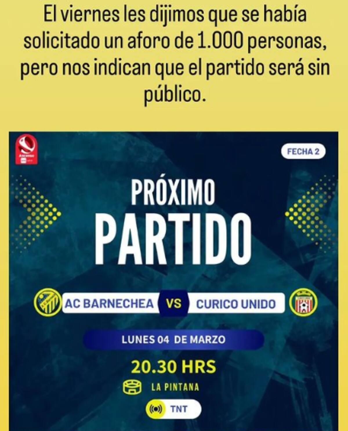 Barnechea anunció a través de Instagram que el partido contra Curicó Unido se jugará sin público en las tribunas.