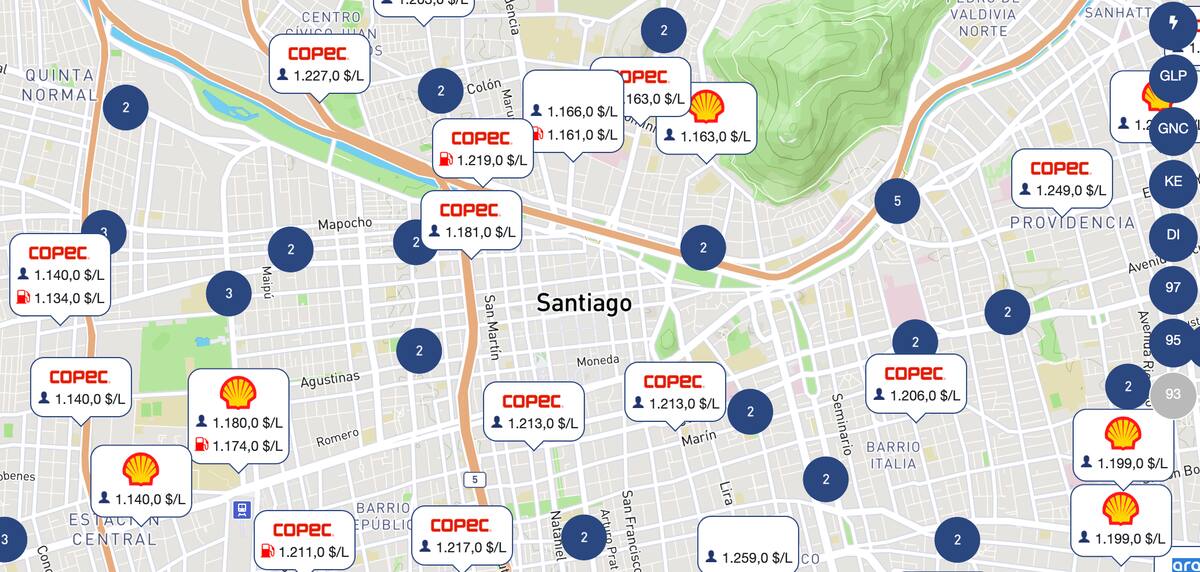 Sitio web permite cotizar el precio de las bencinas en diferentes estaciones del país. Foto: Captura www.bencinaenlinea.cl