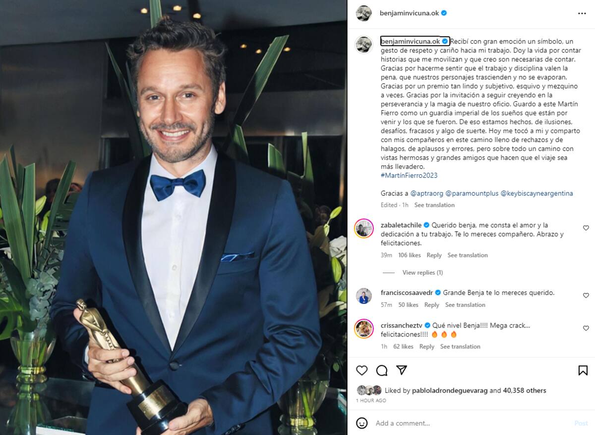 Benjamín Vicuña publica emotivo mensaje tras ganar premio Martín Fierro.