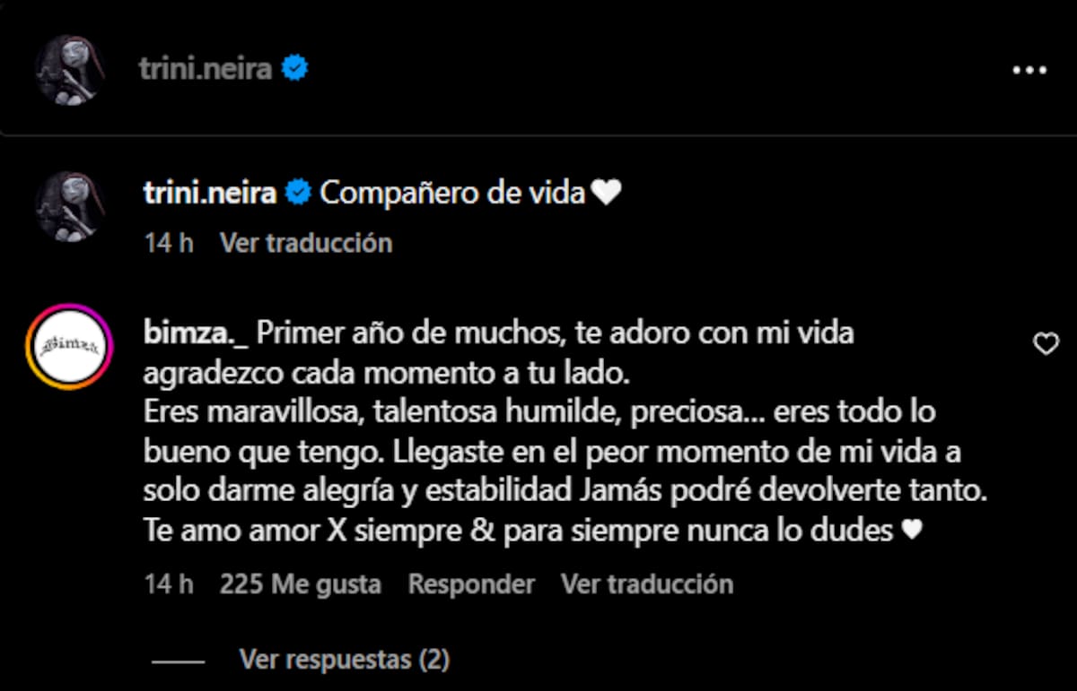 Bimza dedica hermoso mensaje a Trindiad Neira