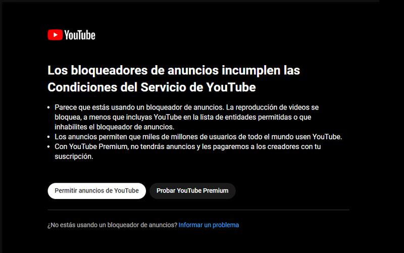 Este es el mensaje que te aparecerá en YouTube si utilizas algún bloqueador que no esté actualizado para combatir esta nueva función de la plataforma.