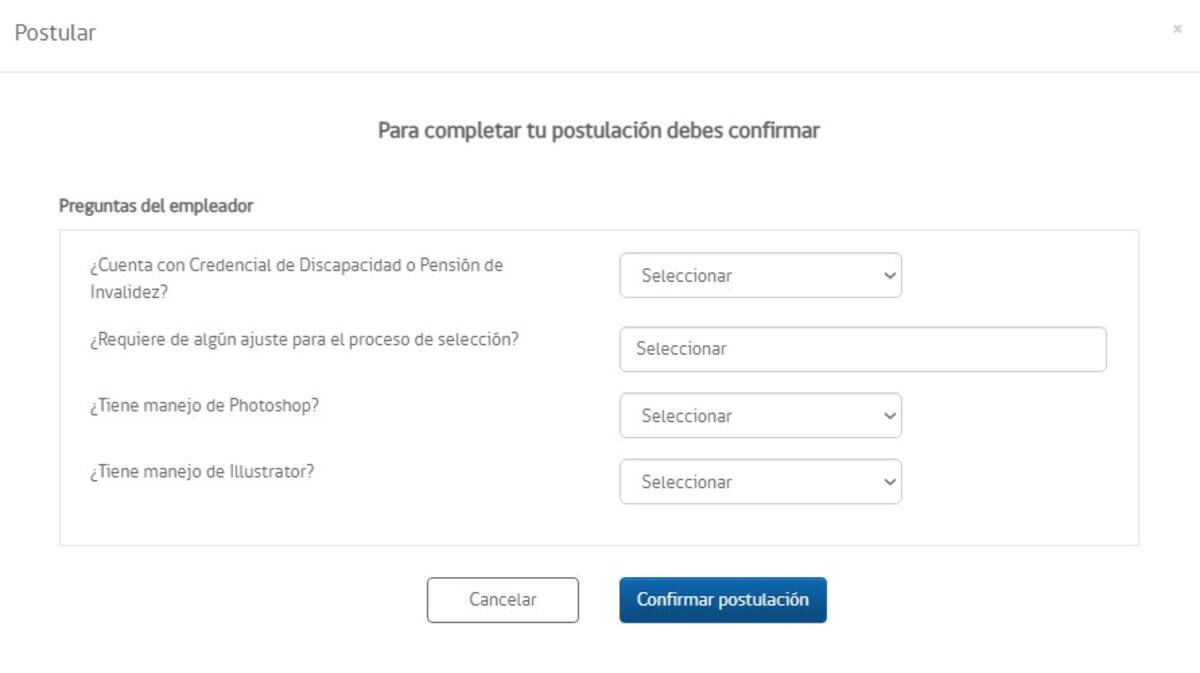 Es importante que contestes las preguntas que aparecerán en la Bolsa Nacional de Empleo luego de presionar Postular.