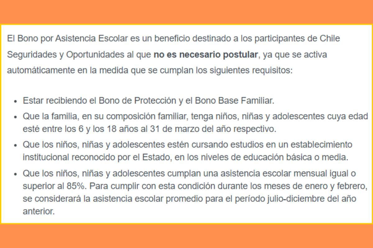 Esos son los requisitos para recibir el Bono Asistencia Escolar.