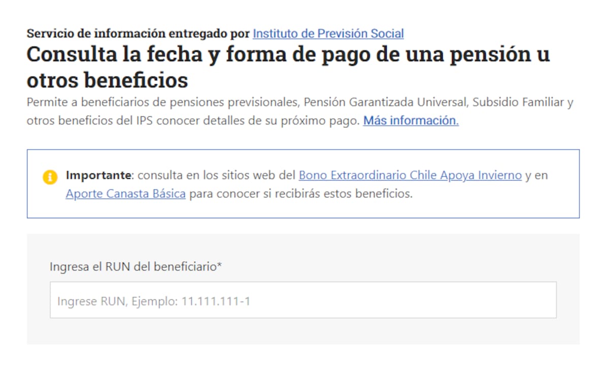 Así luce la página para consultar si eres beneficiario. Créditos: Chile Atiende.