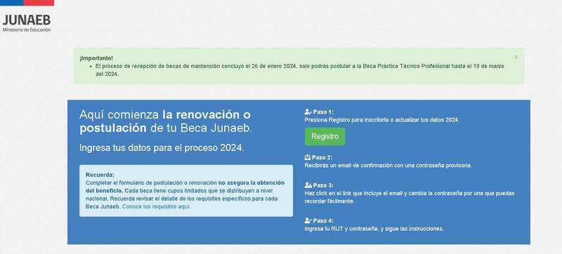 La página de la Junaeb en donde se puede postular al beneficio.