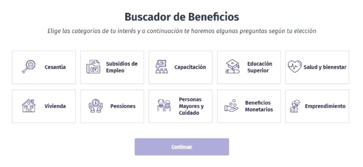 Así se ve el buscador de beneficios. Foto: Red de Protección Social.