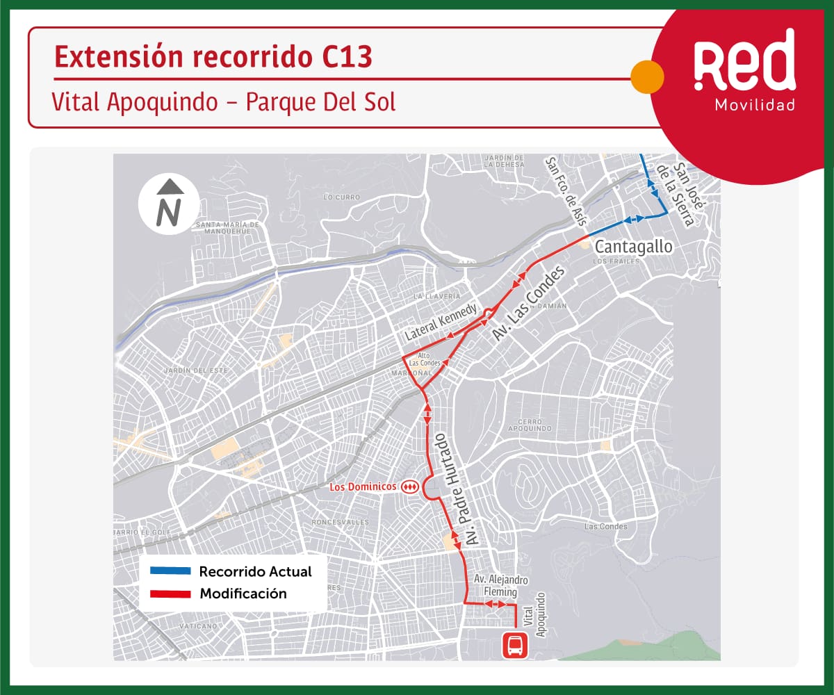 El nuevo trazado del servicio C13 permitirá conectar desde el Camino La Laguna con el Metro Los Dominicos. Créditos: DTPM.