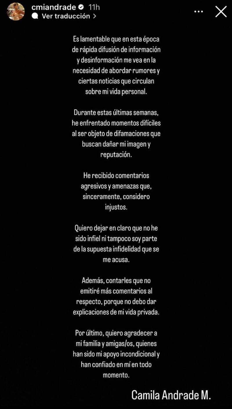 Camila Andrade alza la voz en sus redes sociales.