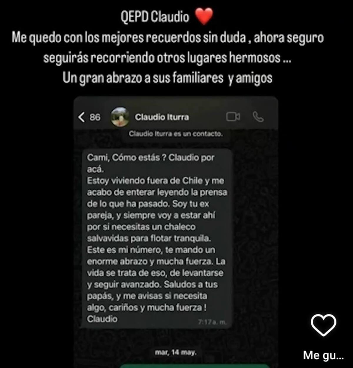 Camila Andrade mostró el mensaje que le envió Claudio Iturra. Créditos: Instagram
