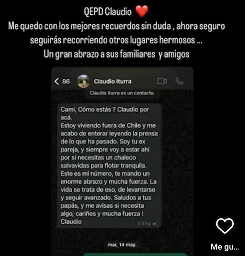 Camila Andrade mostró el mensaje que le envió Claudio Iturra. Créditos: Instagram