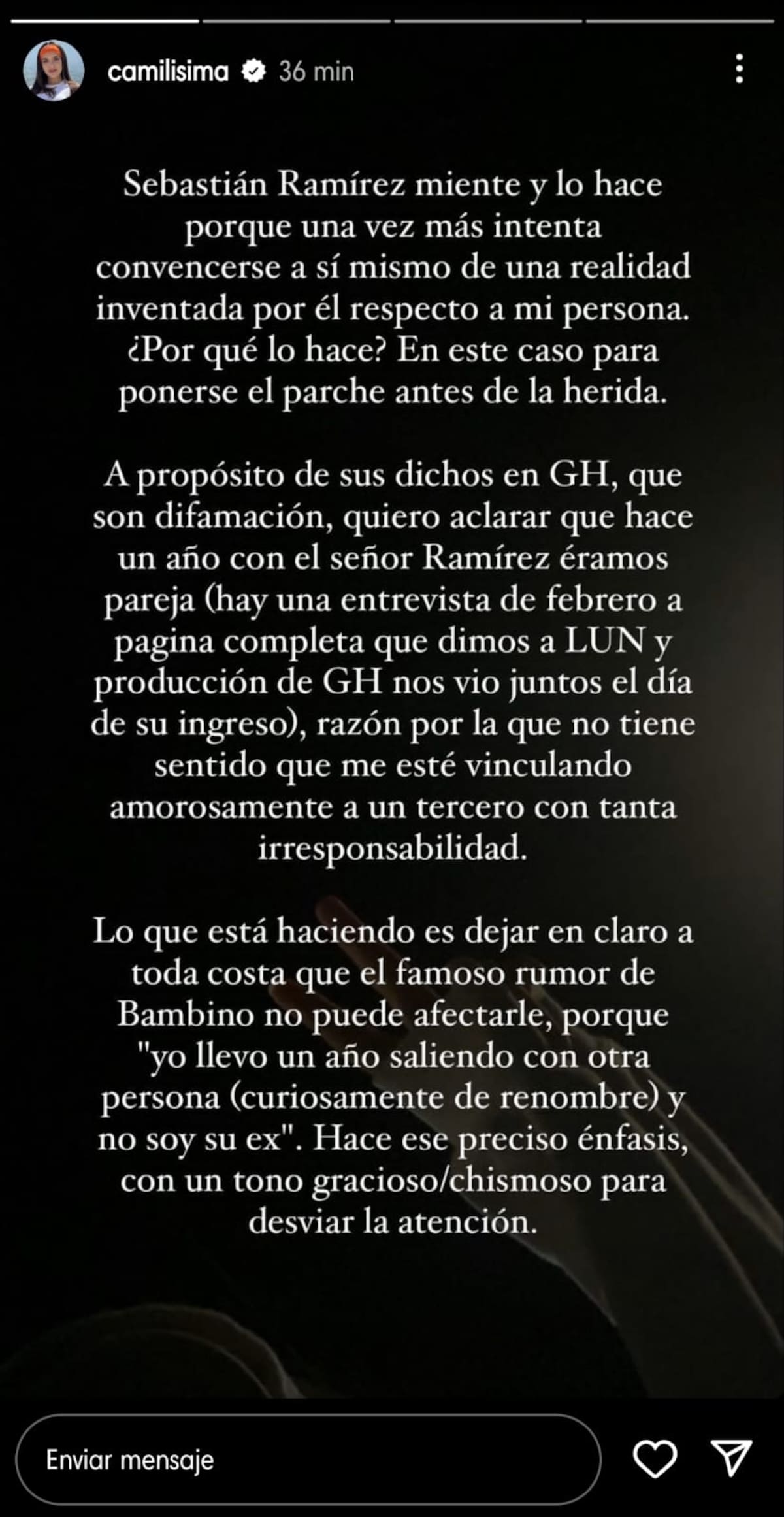 Camila Campos, Camilísima, en sus historias de Instagram.