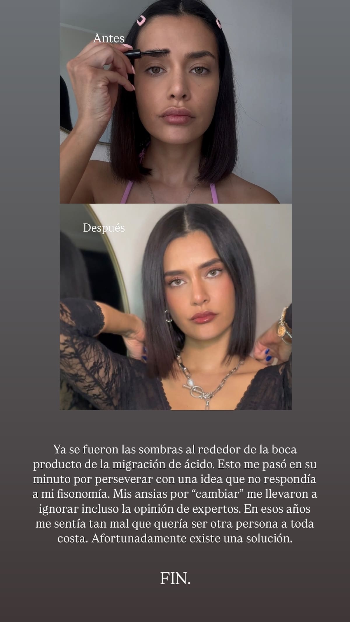 Historia compartida por la periodista mostrando su antes y después.