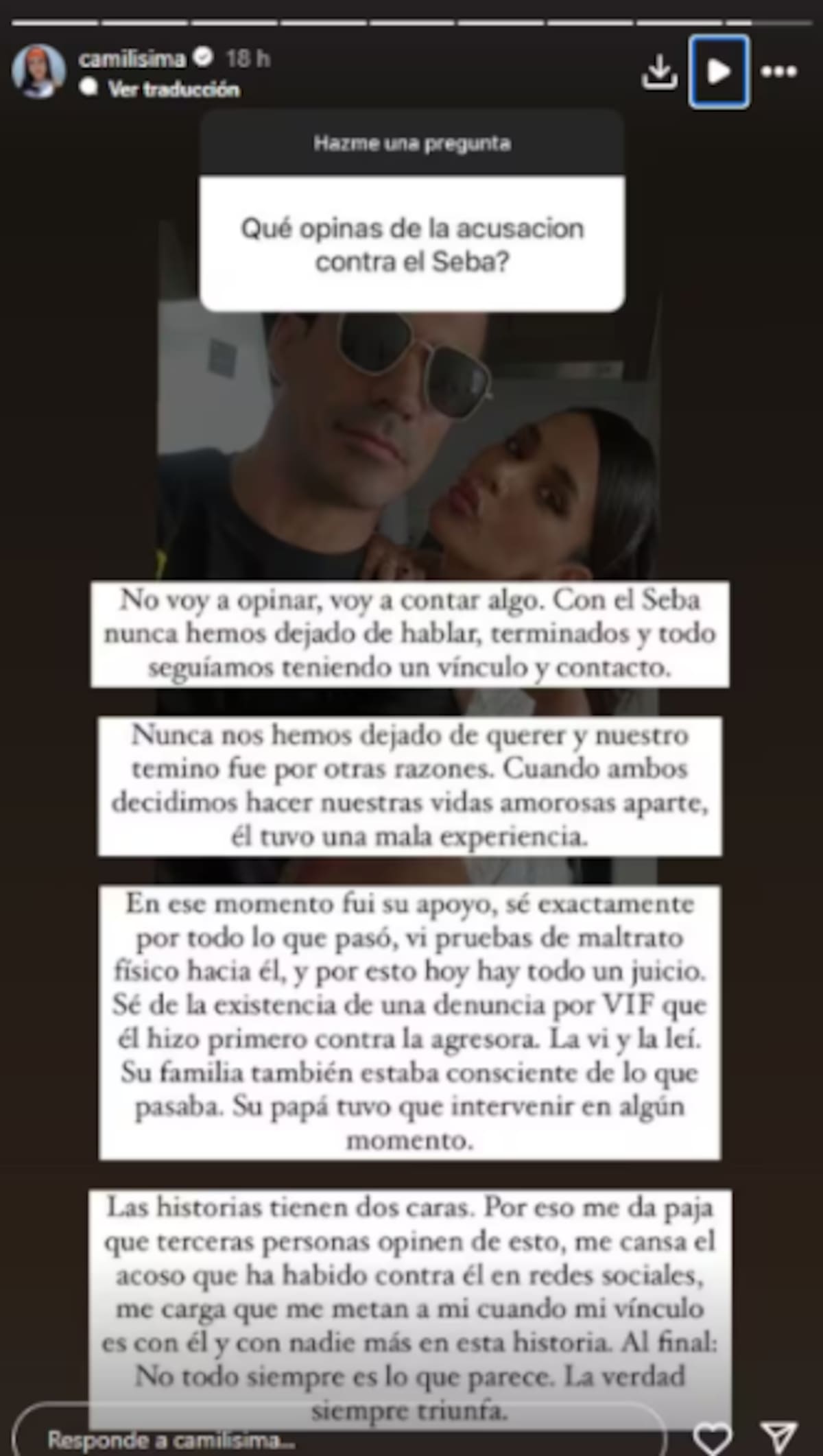 Una historia del Instagram de Camilisima en donde se refiere a la supuesta denuncia por VIF en contra de Catalina Gaete