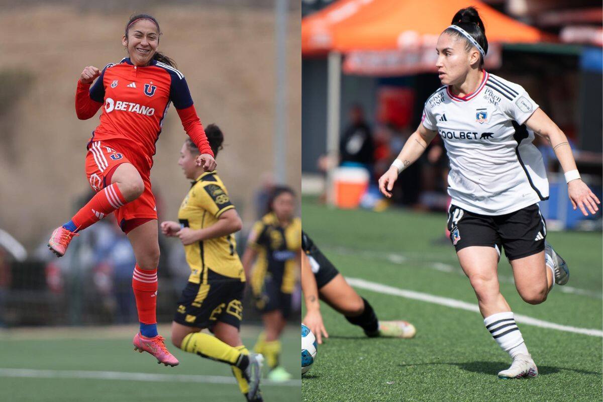 A la izquierda, la jugadora de Universidad de Chile Ana Gutiérrez festeja el gol ante Coquimbo Unido. A la derecha, la jugadora de Colo Colo Javiera Grez conduce el balón ante Santiago Morning.