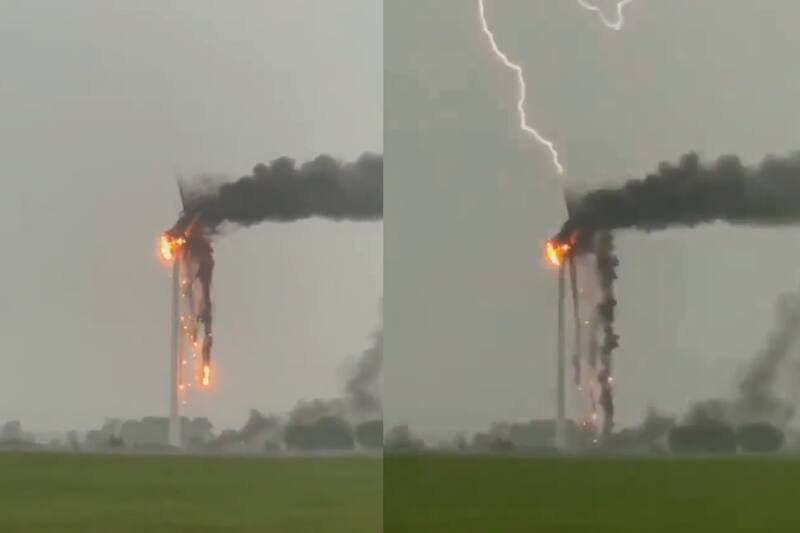 Rayo impacta turbina eólica.