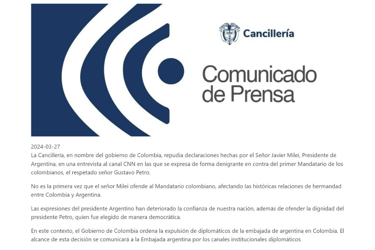 Comunicado del Ministerio de Relaciones Exteriores de Colombia.