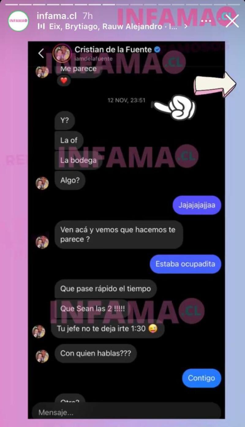 Captura de pantalla conversación de Cristián de la Fuente con misteriosa mujer / Créditos: Infama Instagram