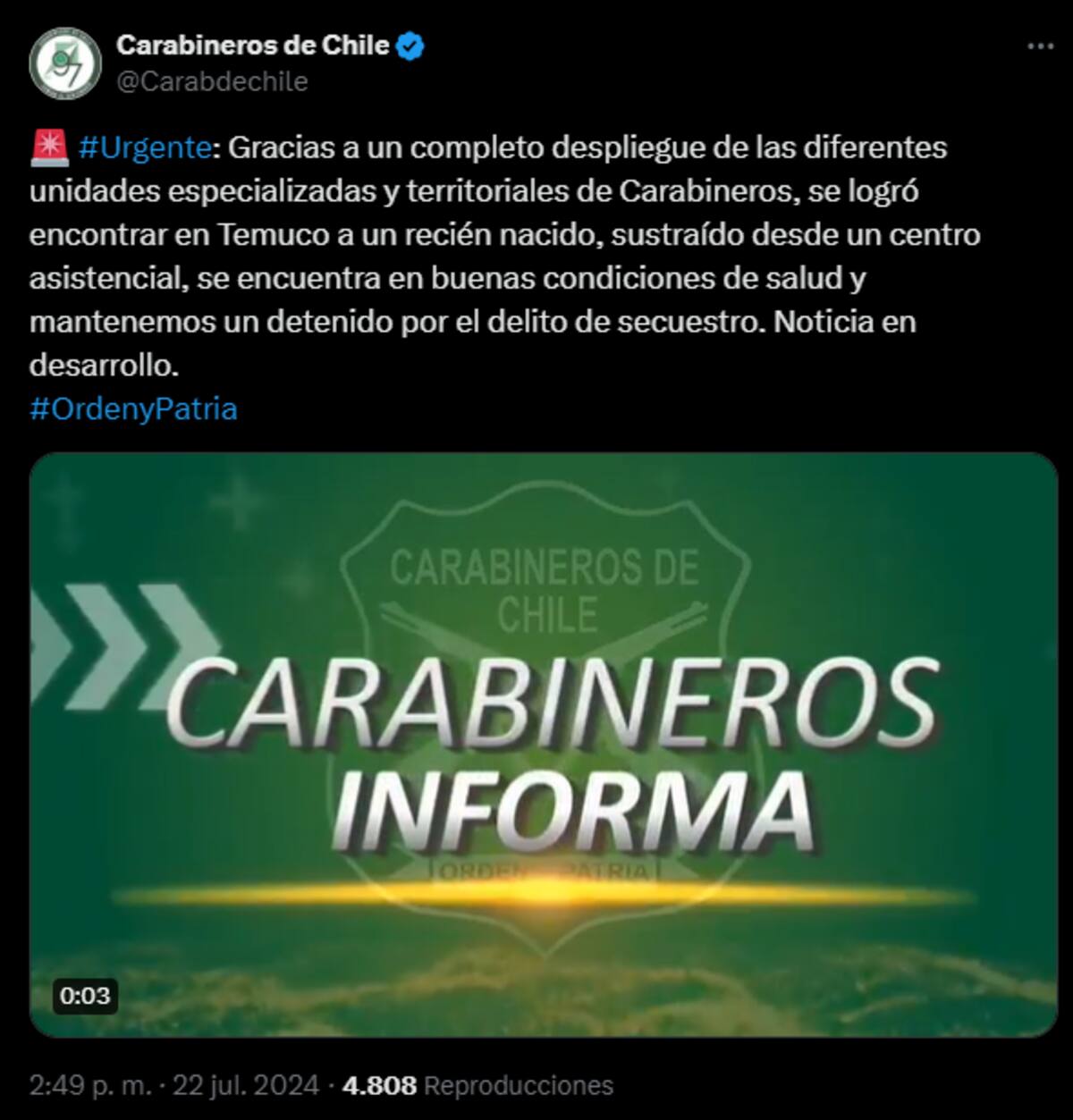 La información de la recuperación de la menor fue entregada por Carabineros a través de sus canales oficiales.