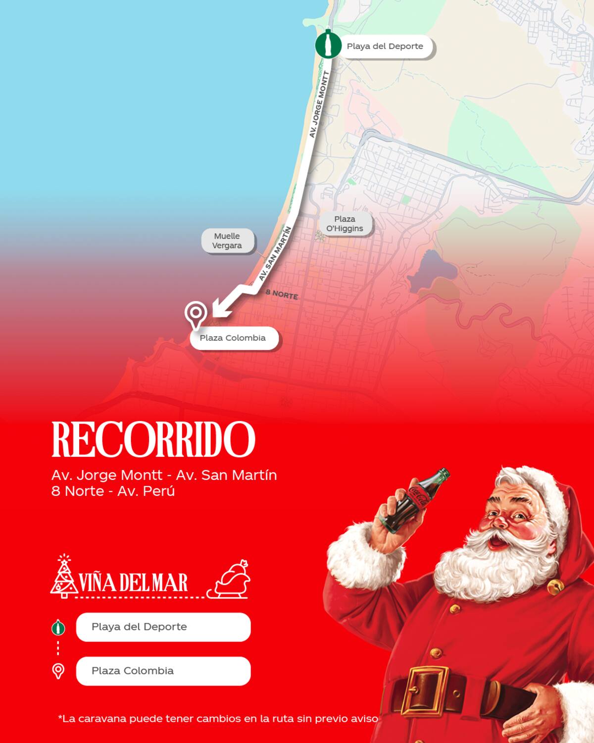 Este será el recorrido que tendrá el evento navideño por Viña del Mar. Foto: Coca-Cola Chile.