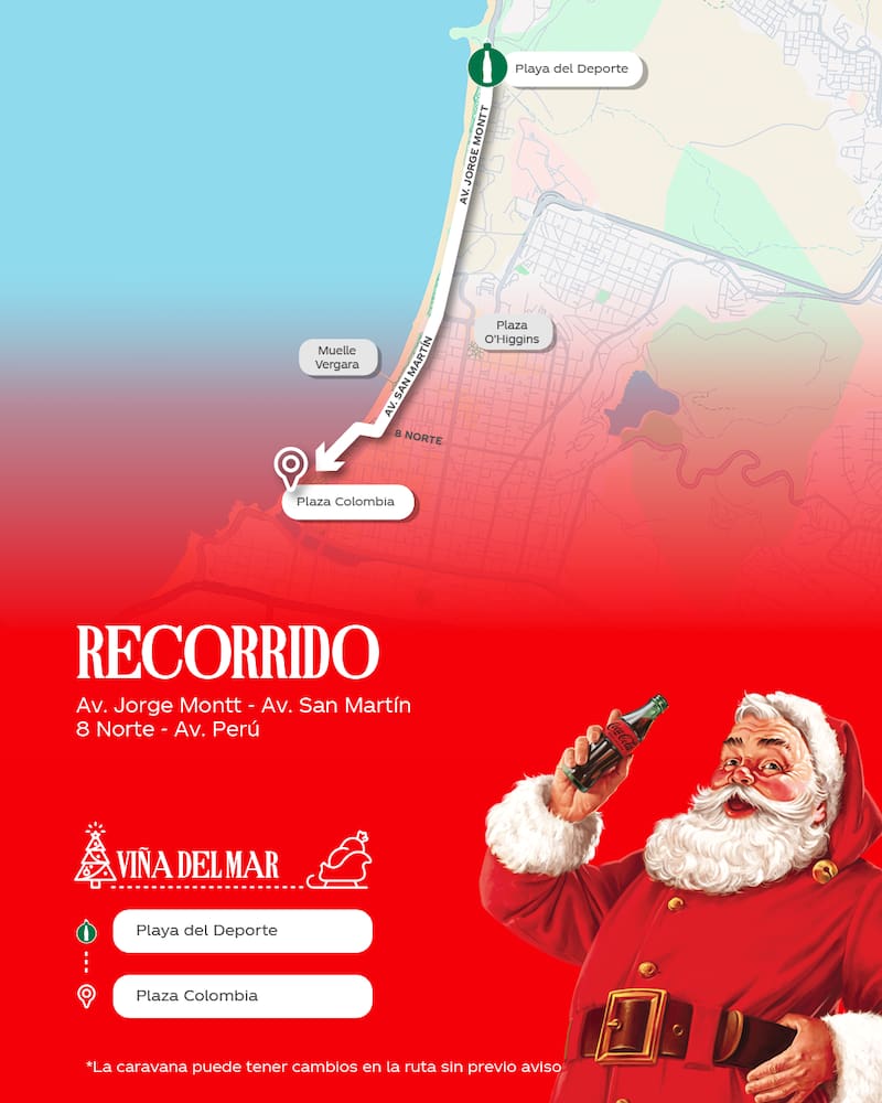Este será el recorrido que tendrá el evento navideño por Viña del Mar. Foto: Coca-Cola Chile.