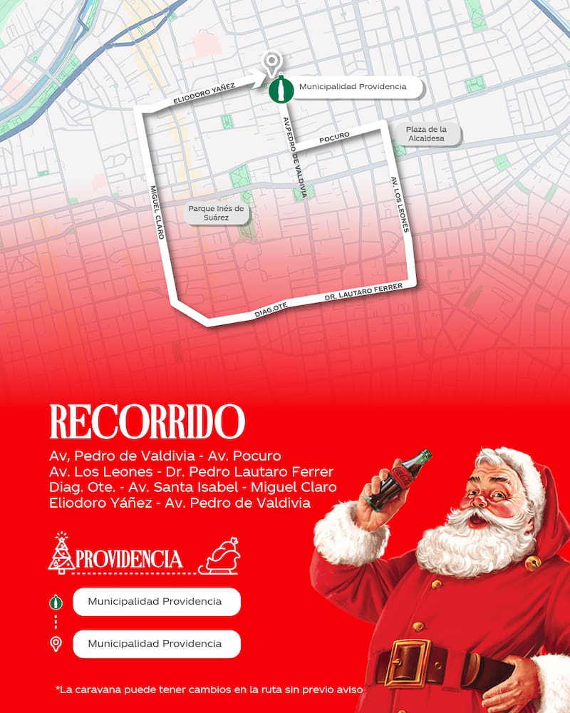 La ruta del recorrido navideño irá ida y vuelta a la Municipalidad de Providencia, pasando por varias calles de la comuna. Créditos: Coca-Cola.