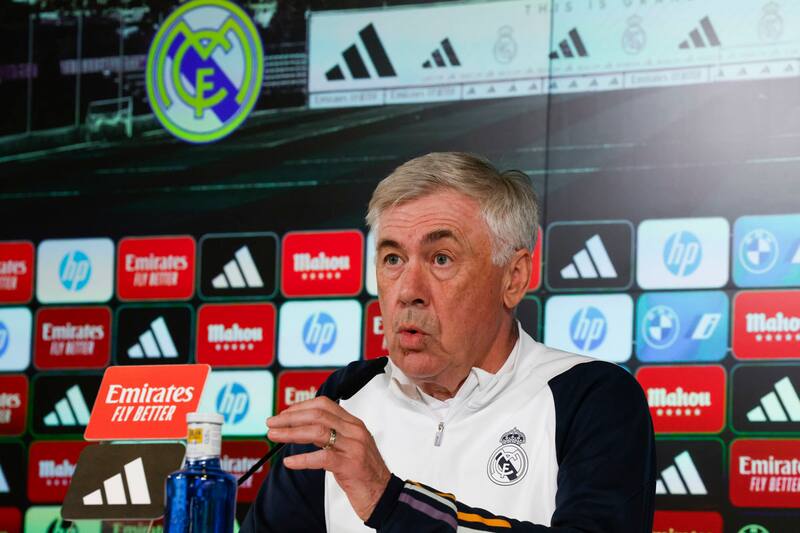 El entrenador del Real Madrid Carlo Ancelotti durante la rueda de prensa previo al partido ante la Real Sociedad.