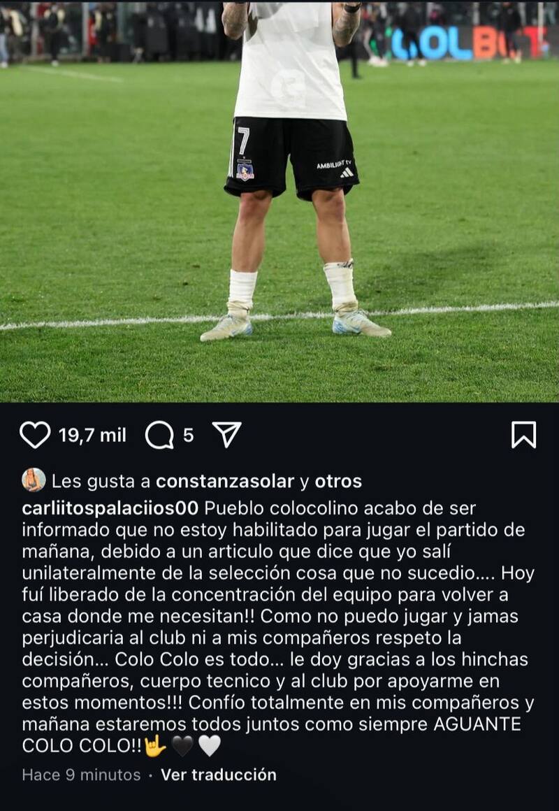 Carlos Palacios y su mensaje a los hinchas de Colo Colo.