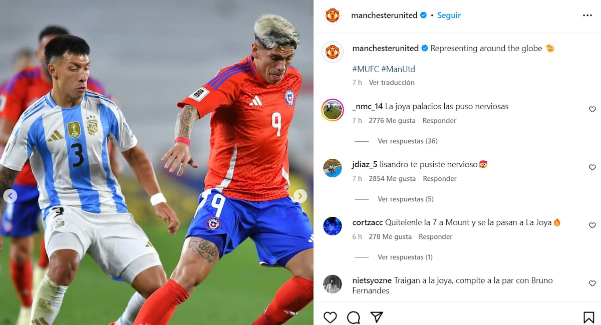 Carlos Palacios en la publicación del Manchester United en Instagram.