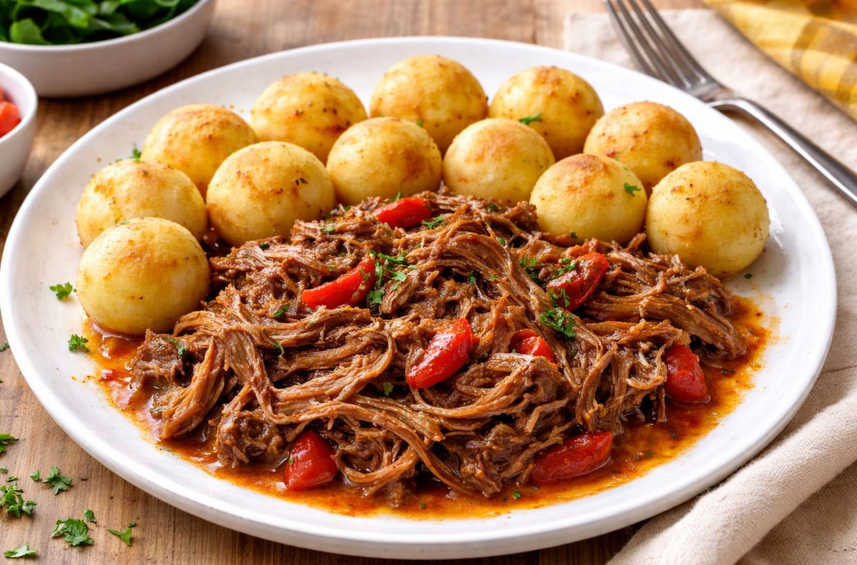 Carne mechada en olla a presión con papas duquesas: Esta receta es ideal para la cena de Navidad