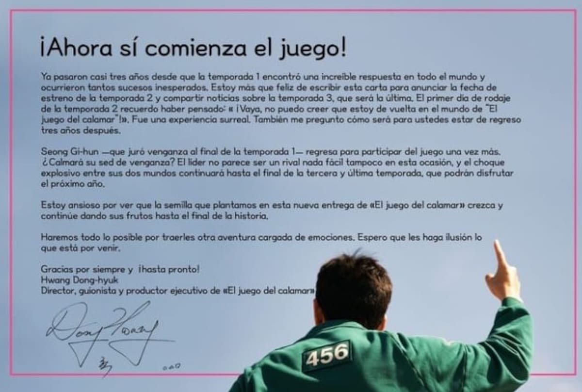 Carta abierta de Hwang Dong-hyuk. Créditos: Instagram