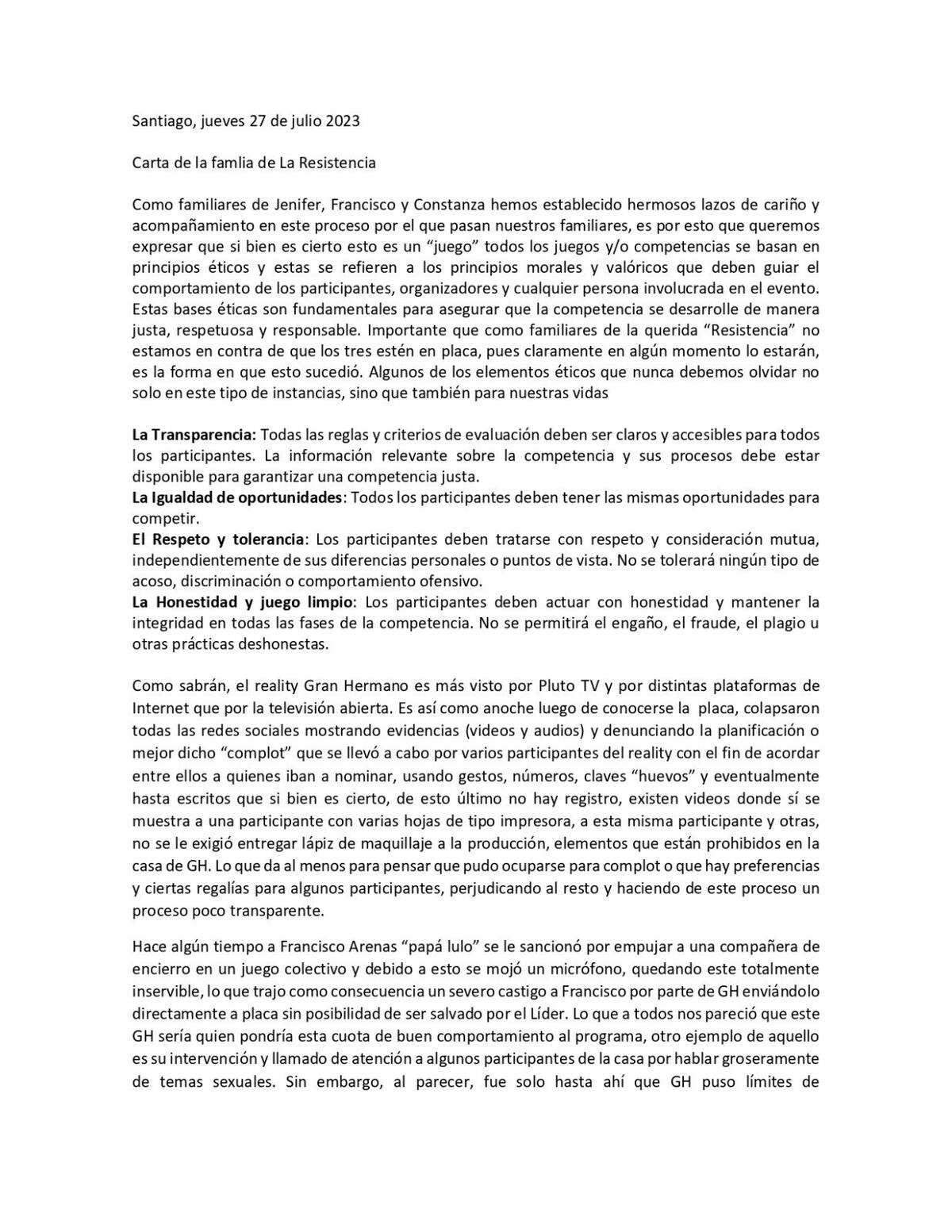 .Comunicado por lo hecho en "Gran Hermano" Chile.