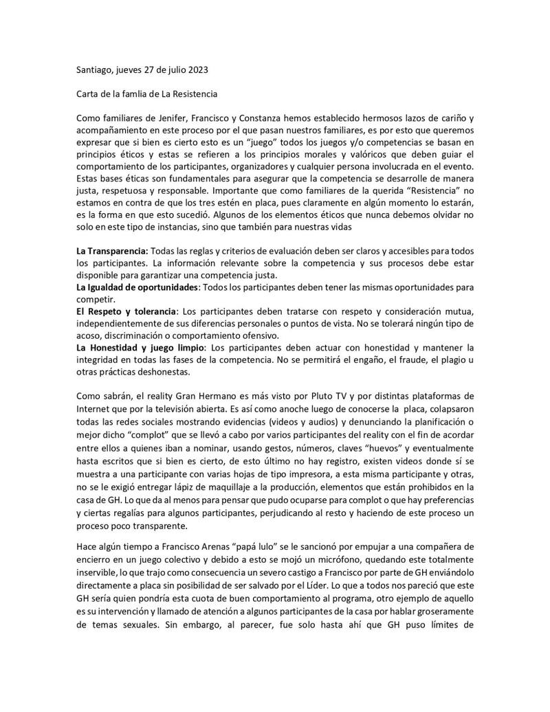 .Comunicado por lo hecho en "Gran Hermano" Chile.