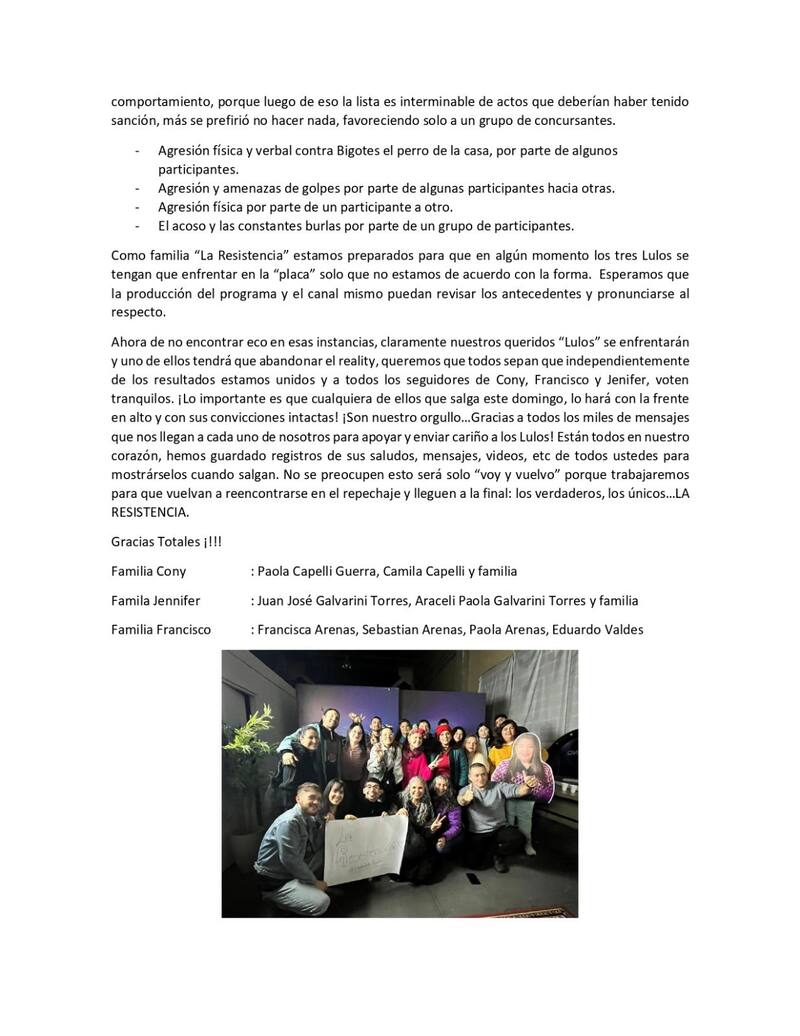 Comunicado por lo hecho en "Gran Hermano" Chile