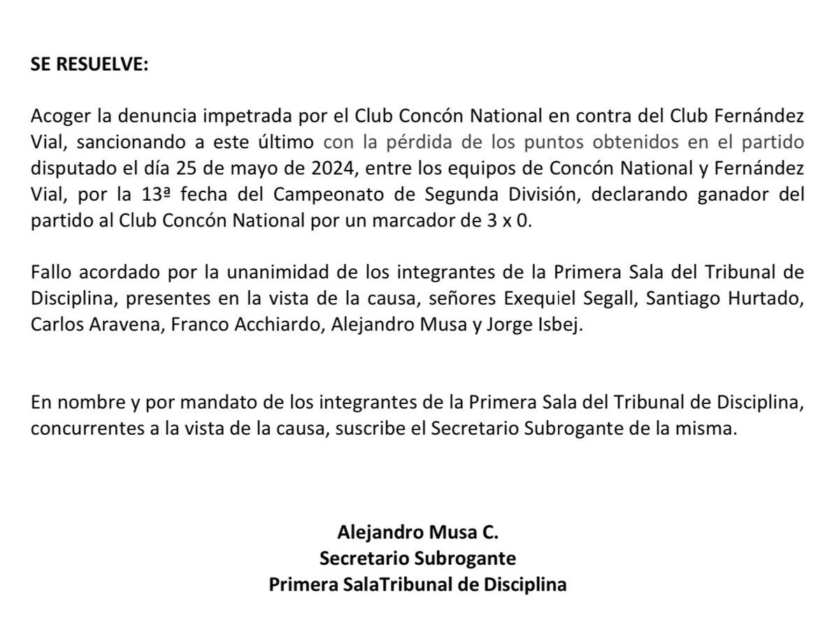 acta del segundo castigo a Fernández Vial.