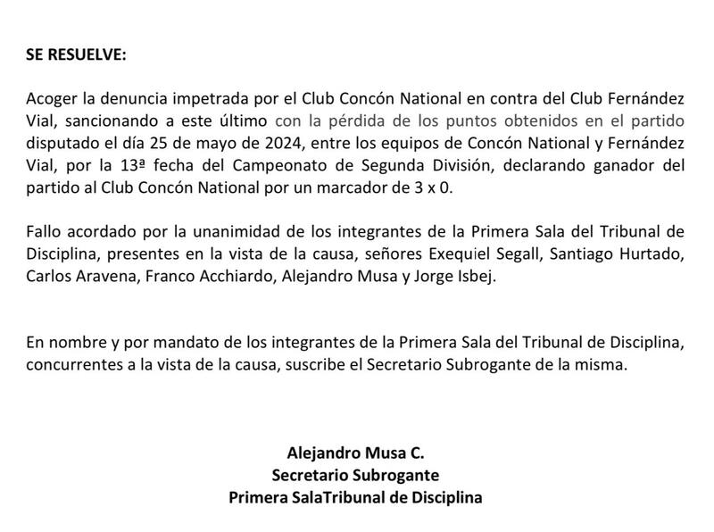 acta del segundo castigo a Fernández Vial.