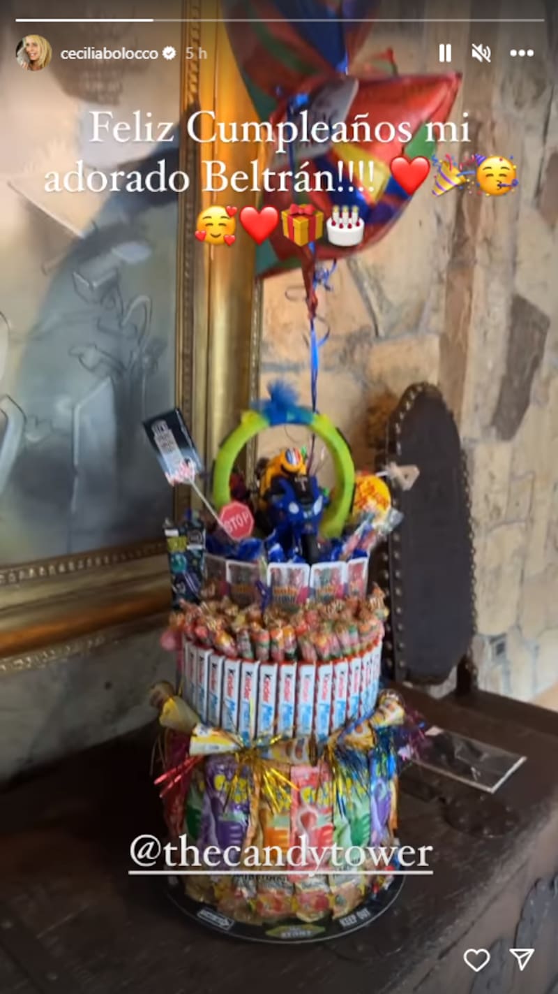 Cecilia Bolocco mostrando el pastel que le regalará a la nieta de su esposo, Pepo Daire.