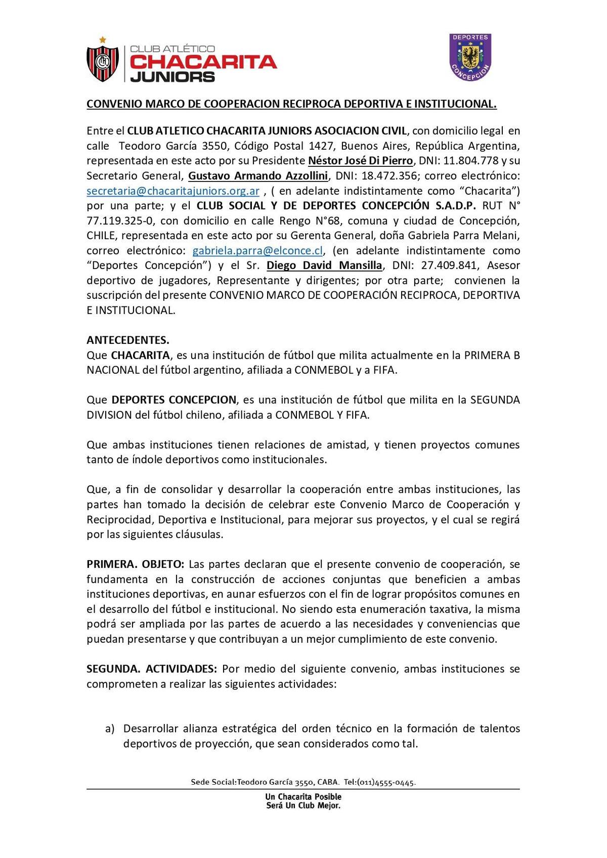Chacarita Juniors y anuncio de convenio con Deportes Concepción.
