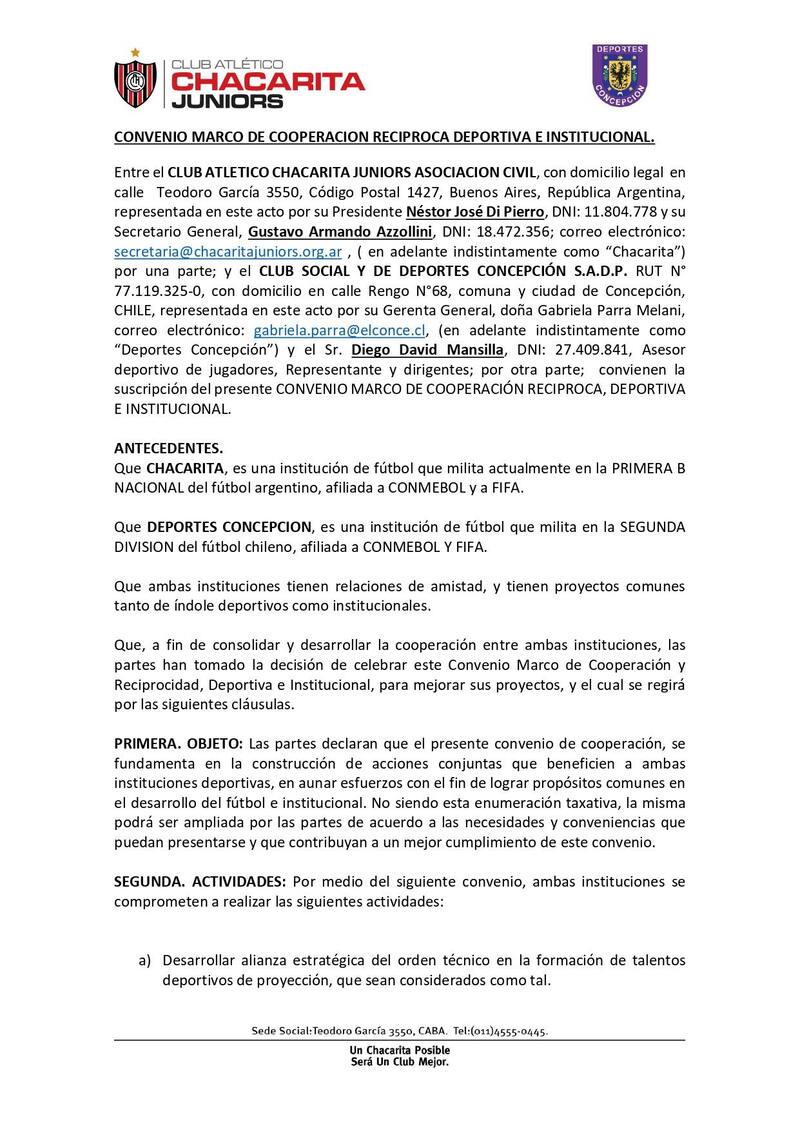 Chacarita Juniors y anuncio de convenio con Deportes Concepción.