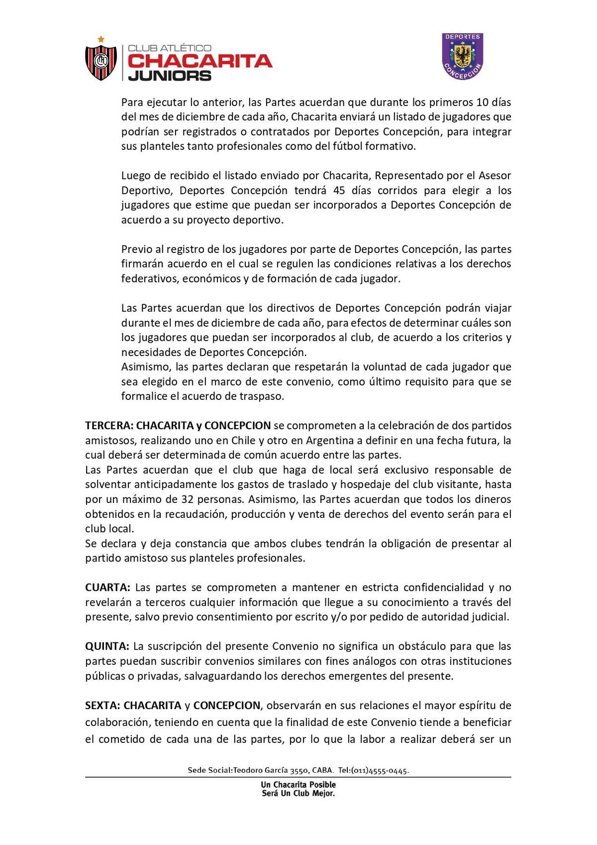 Chacarita Juniors y anuncio de convenio con Deportes Concepción.