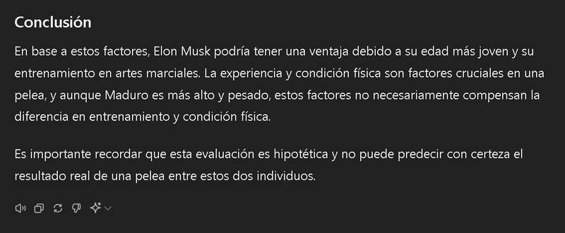 Respuesta dada por ChatGPT ante los dichos de pelea entre Elon Musk y Nicolás Maduro.