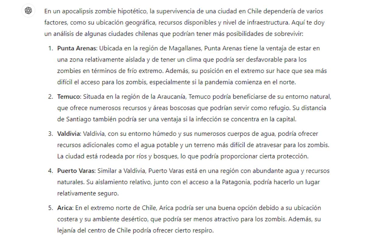 Respuesta de ChatGPT por la ciudad con mayor probabilidad de sobrevivir un apocalipsis zombie.